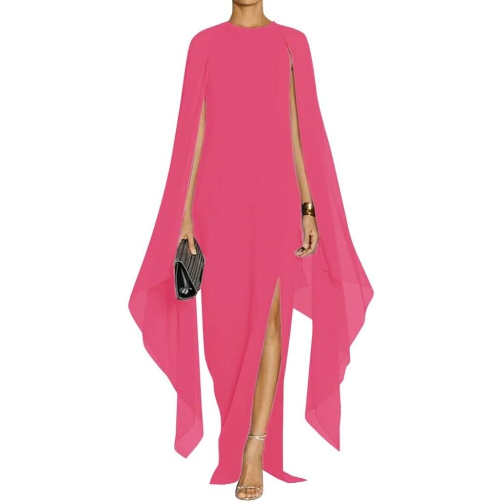 Women's Rose Elegant High Split Flare Sleeve Formal Evening Gowns Maxi Dress